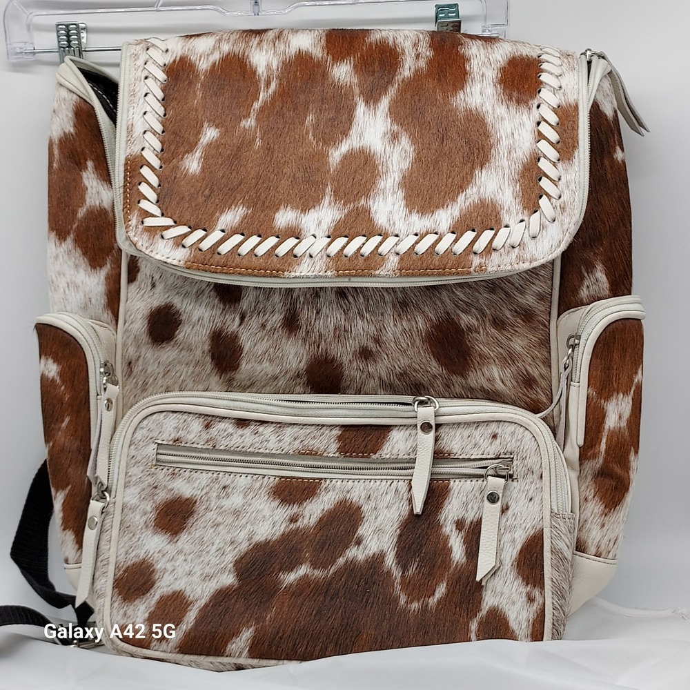 Western Cowhide Leather Backpack Brown White Spotted Hair on Hide Whipstitch